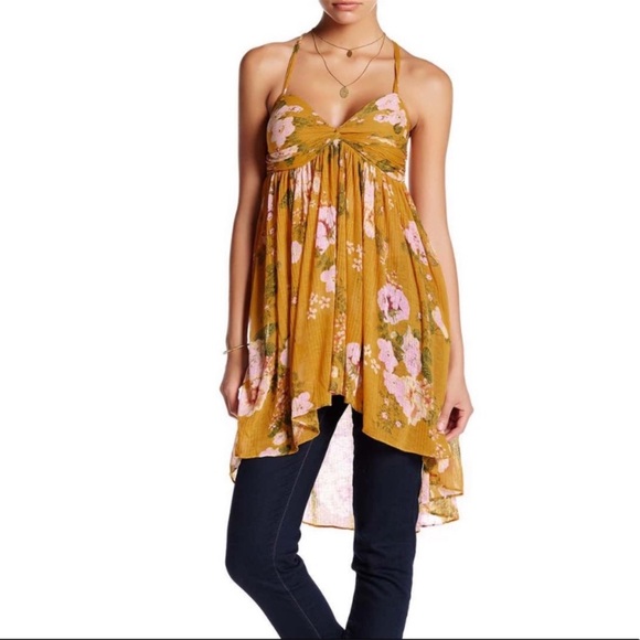 Free People Mirage yellow floral tube top flounce smocked size XS - Picture 2 of 15